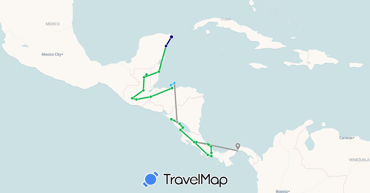 TravelMap itinerary: driving, bus, plane, boat in Belize, Costa Rica, Guatemala, Honduras, Mexico, Nicaragua, Panama (North America)